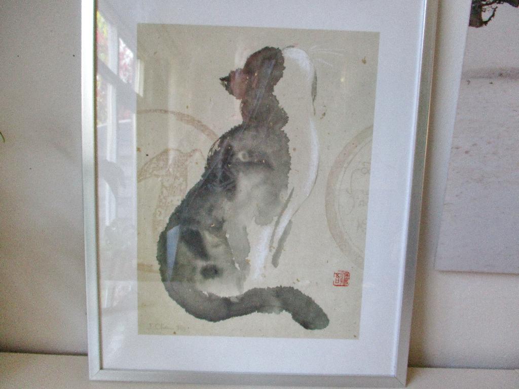 Schilderij D.Chen litho van een kat poes of kater, Antiek en Kunst, Ophalen of Verzenden