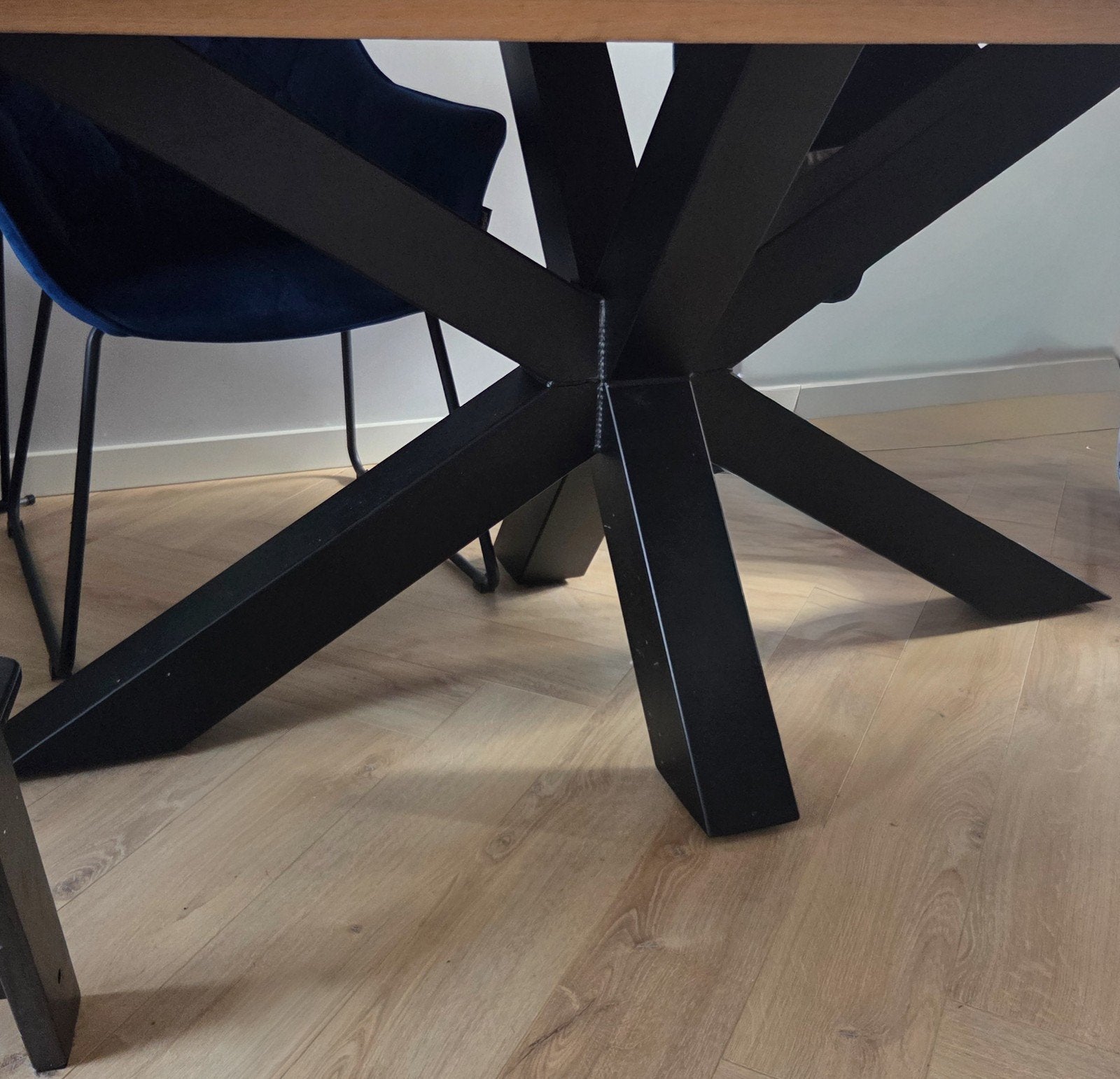 Eikenhouten eettafel met stalen spinpoot 220x120 cm, Ophalen, Gebruikt, 100 tot 150 cm, 200 cm of meer