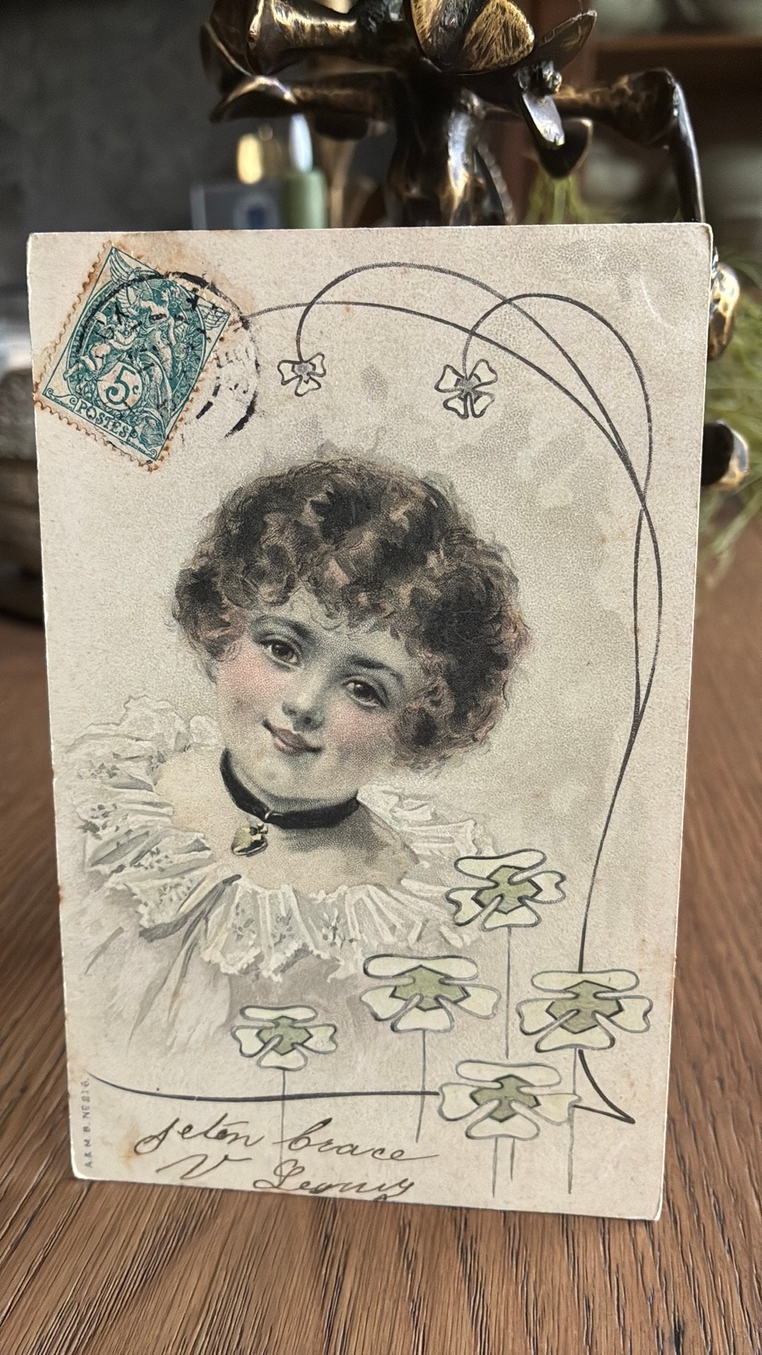 Getekend. Antieke kaart. Lachend krullenkopje., Ophalen of Verzenden, Voor 1920, Overige thema's