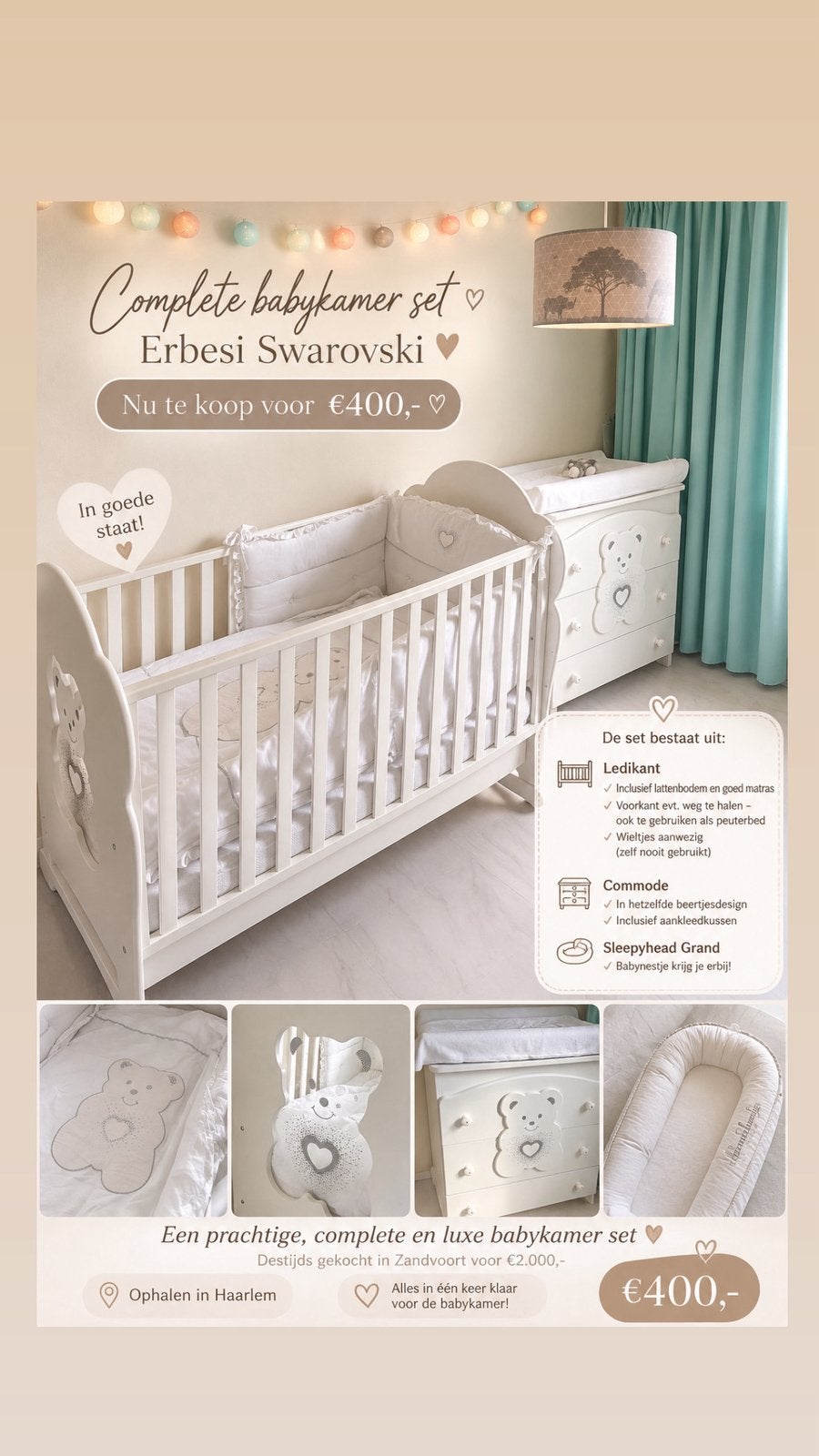 Erbesi babykamer set: ledikant, commode, Sleepyhead Grand, Kinderen en Baby's, Lattenbodem, 85 tot 100 cm, Zo goed als nieuw, 140 tot 160 cm