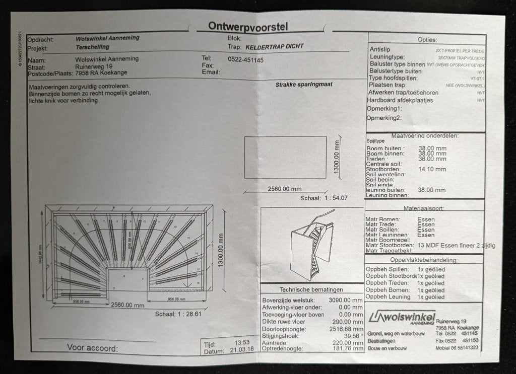 Massief essenhouten trap dicht incl. ontwerptekening, Ophalen, Gebruikt, Trap, 2 tot 4 meter