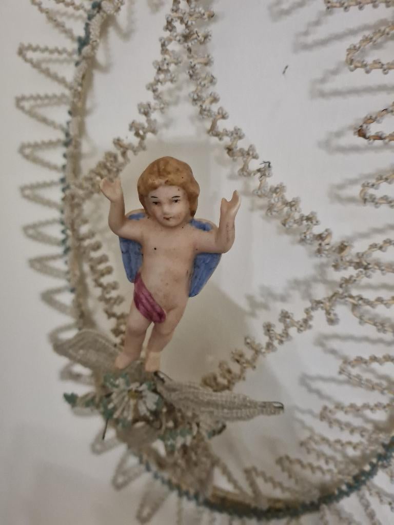 Antiek Frans kralen ornament met engeltje nummer 2, Antiek en Kunst, Ophalen of Verzenden