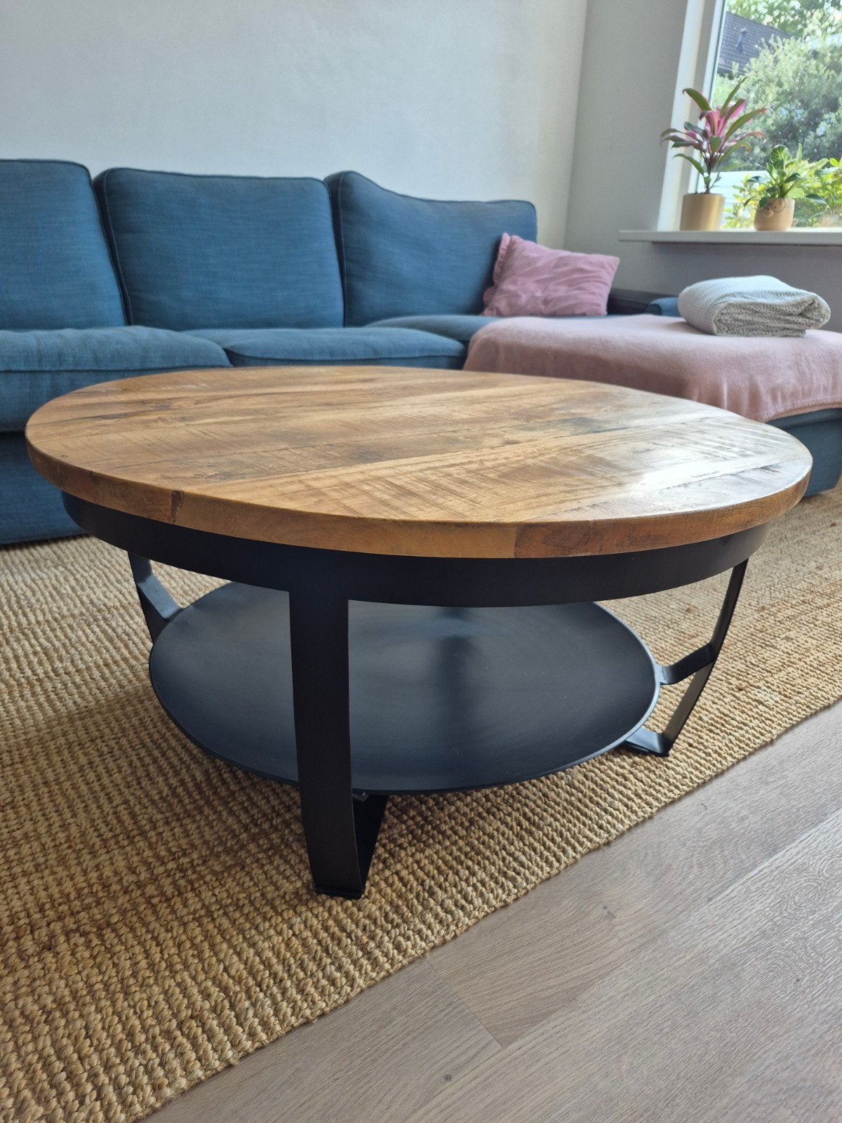 Salontafel mangohout en staal - Rond 89 x 43 cm, Gebruikt, 50 tot 100 cm, Rond, 50 tot 100 cm