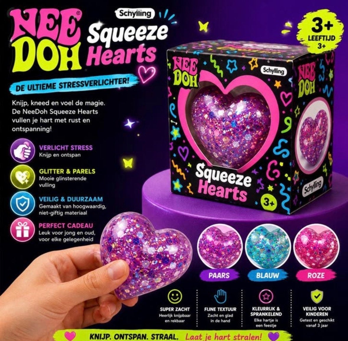 NeeDoh Squeeze Hearts - Stressverlichter met Glitter