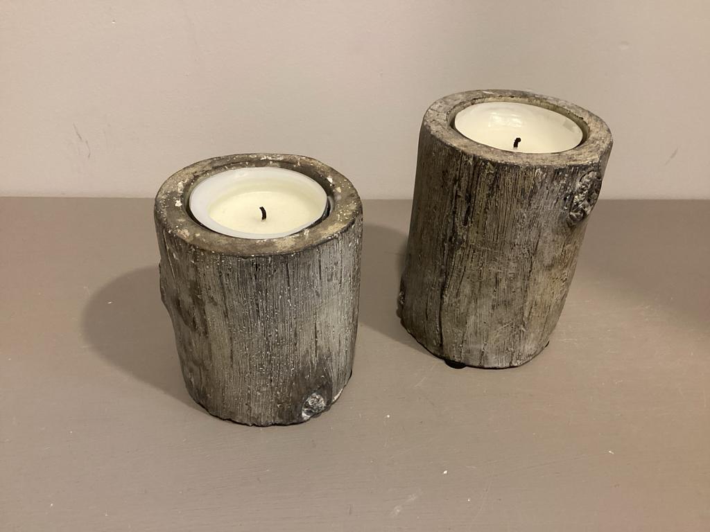 Boomstam look waxinelichthouders voor grote waxinelichtjes, Huis en Inrichting, Woonaccessoires | Kandelaars en Kaarsen, Zo goed als nieuw