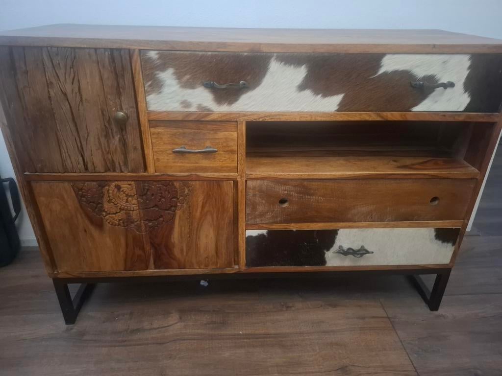 Unieke KARE Rodeo ladekast - Mango hout & koeienhuid, Gebruikt, Bohemian, Industrieel, Landelijk, Overige materialen, 3 of 4 laden