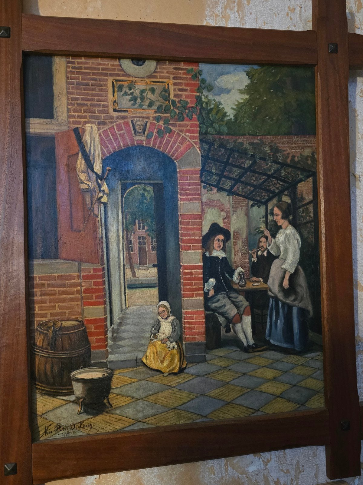 Schilderij 'Naar Pieter De Hooch' door J. Bruyn, Ophalen of Verzenden, Oud hollands, Ingelijst