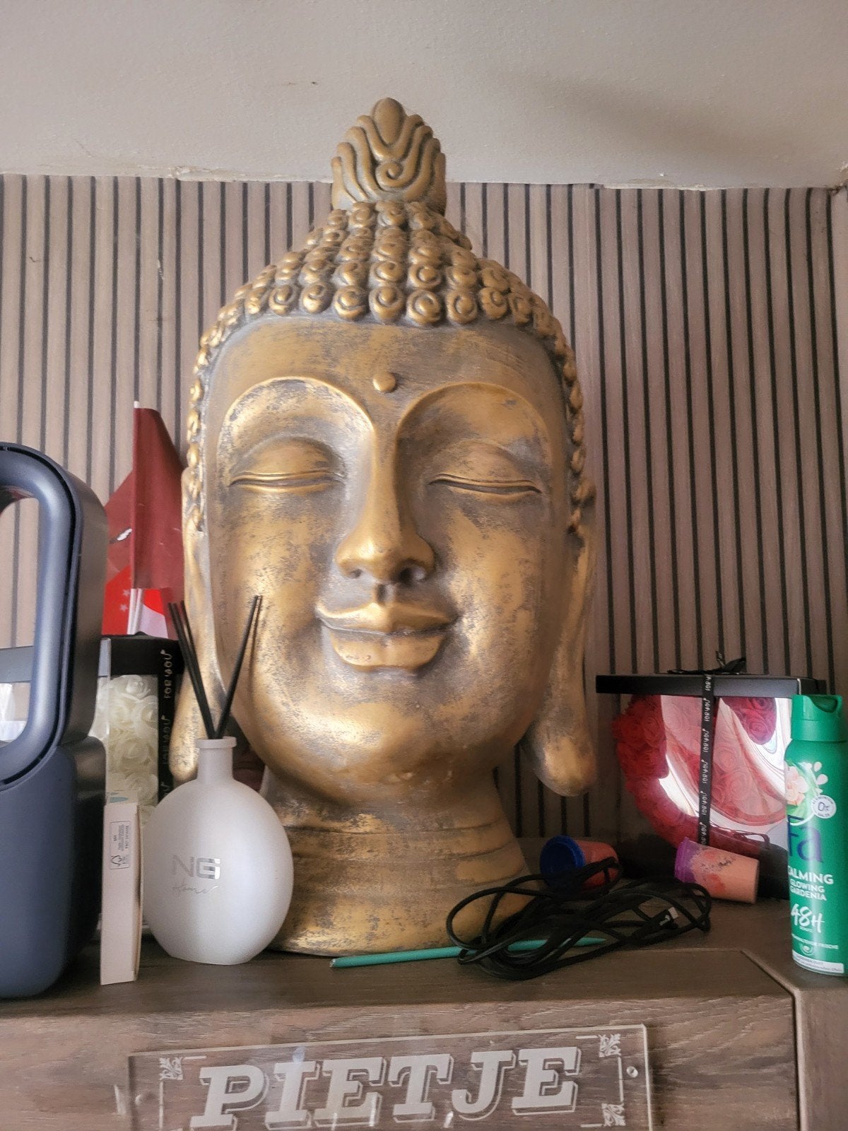 Gouden Boeddha Hoofd Decoratie, Huis en Inrichting, Ophalen, Zo goed als nieuw, Goud, Gouden accenten