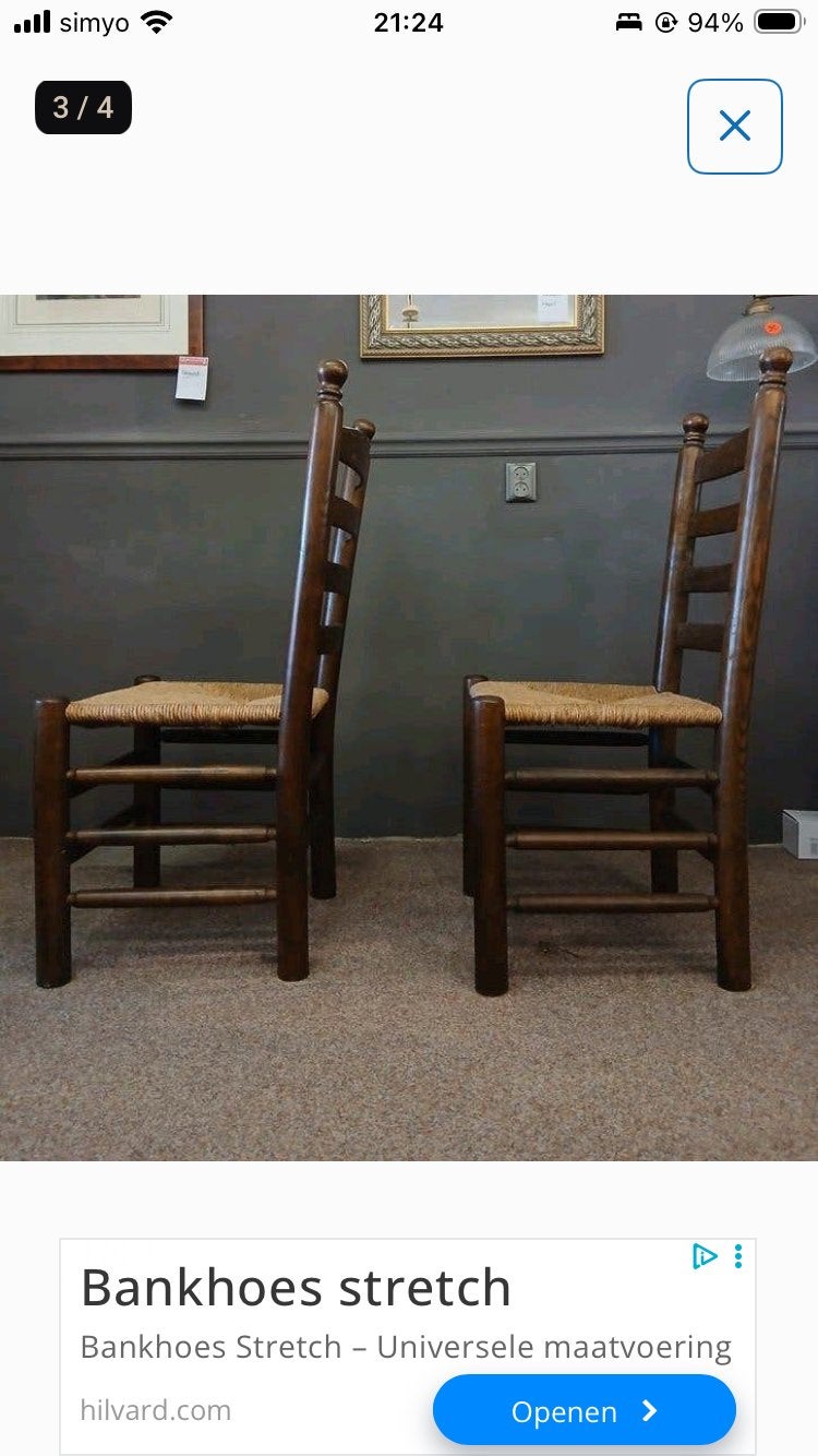 2 stuks Klassieke eikenhouten eetkamerstoelen met biezen zit, Ophalen, Twee, Bruin, Klassiek