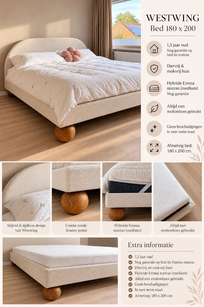 Bed 180x200, Ophalen, Beige, Tweepersoons, Zo goed als nieuw