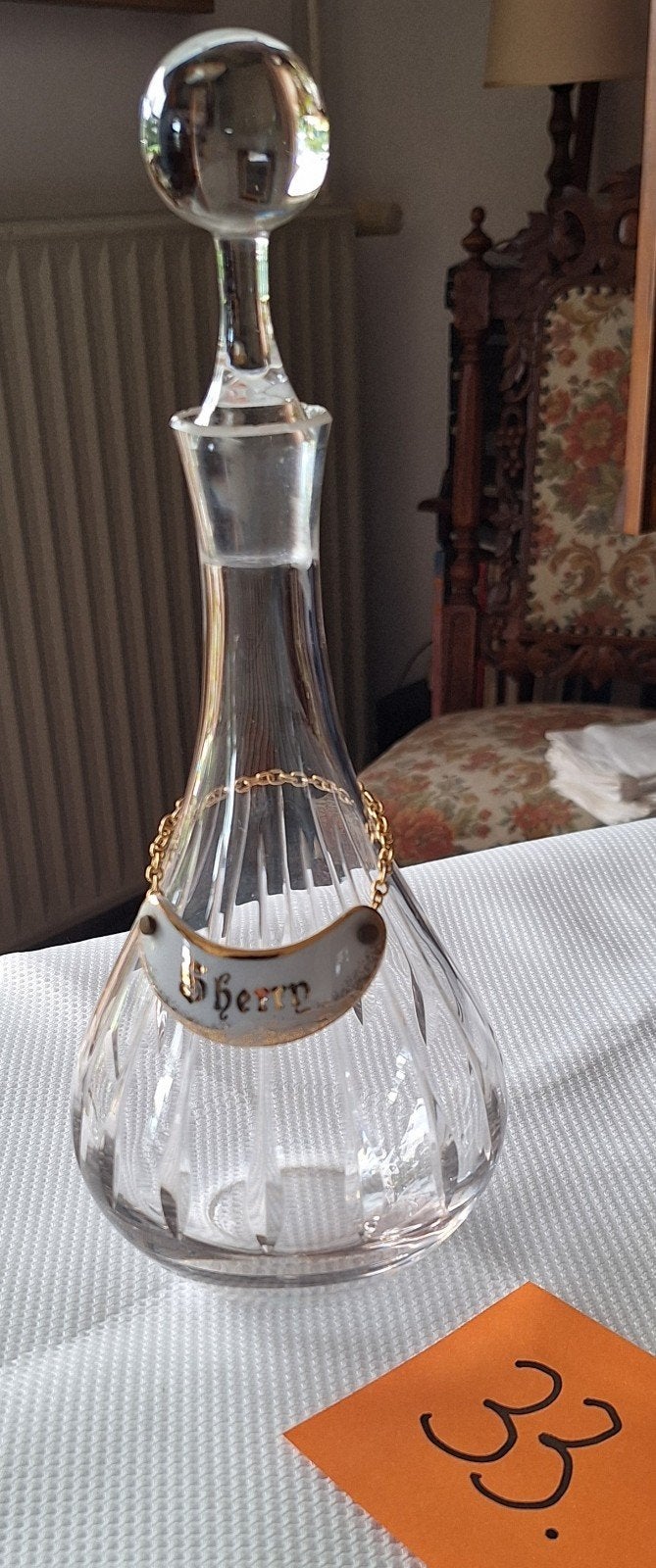 Antieke kristallen karaf met sherry label, Ophalen