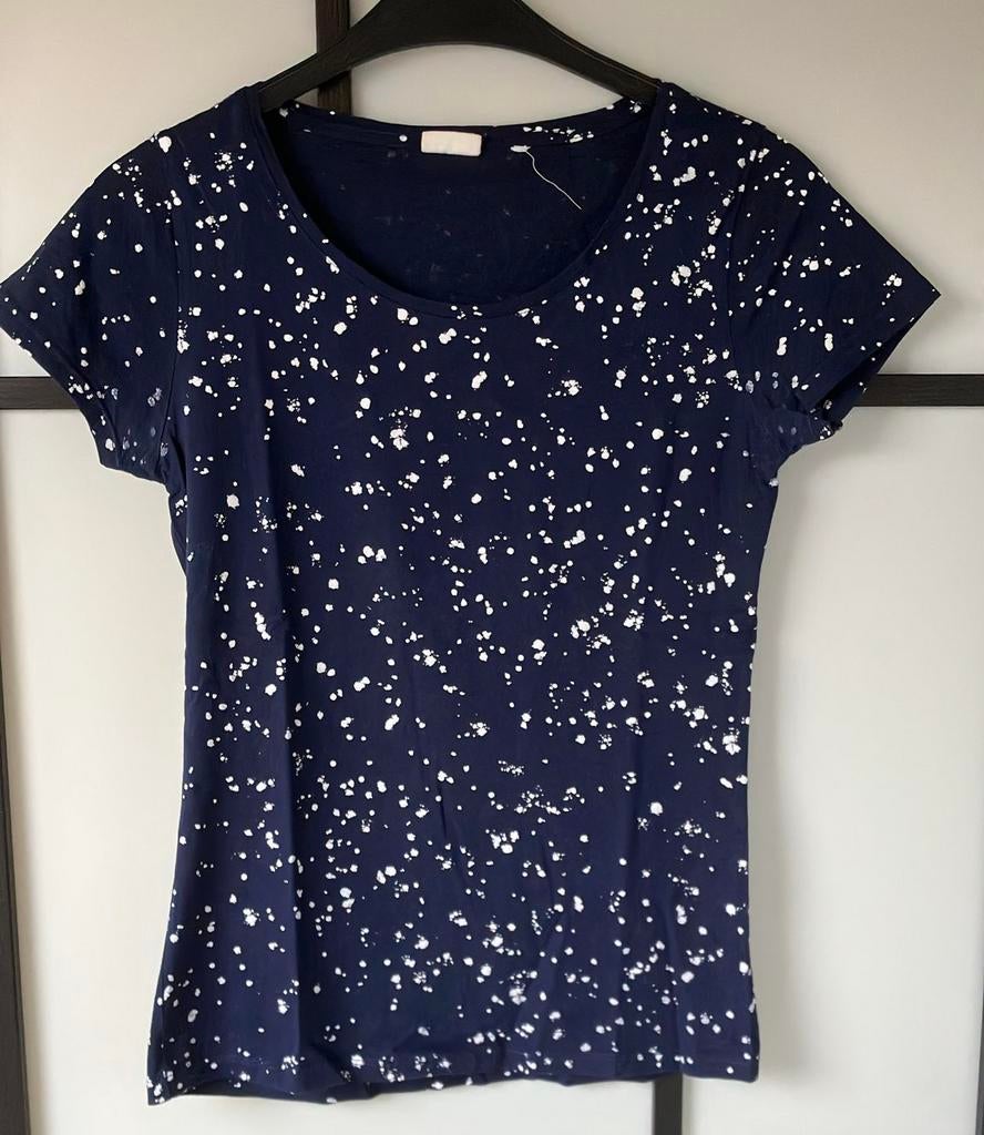 T-shirt donkerblauw met overall print witte spetters sting, Maat 38/40 (M), Blauw, Ophalen of Verzenden, Korte mouw