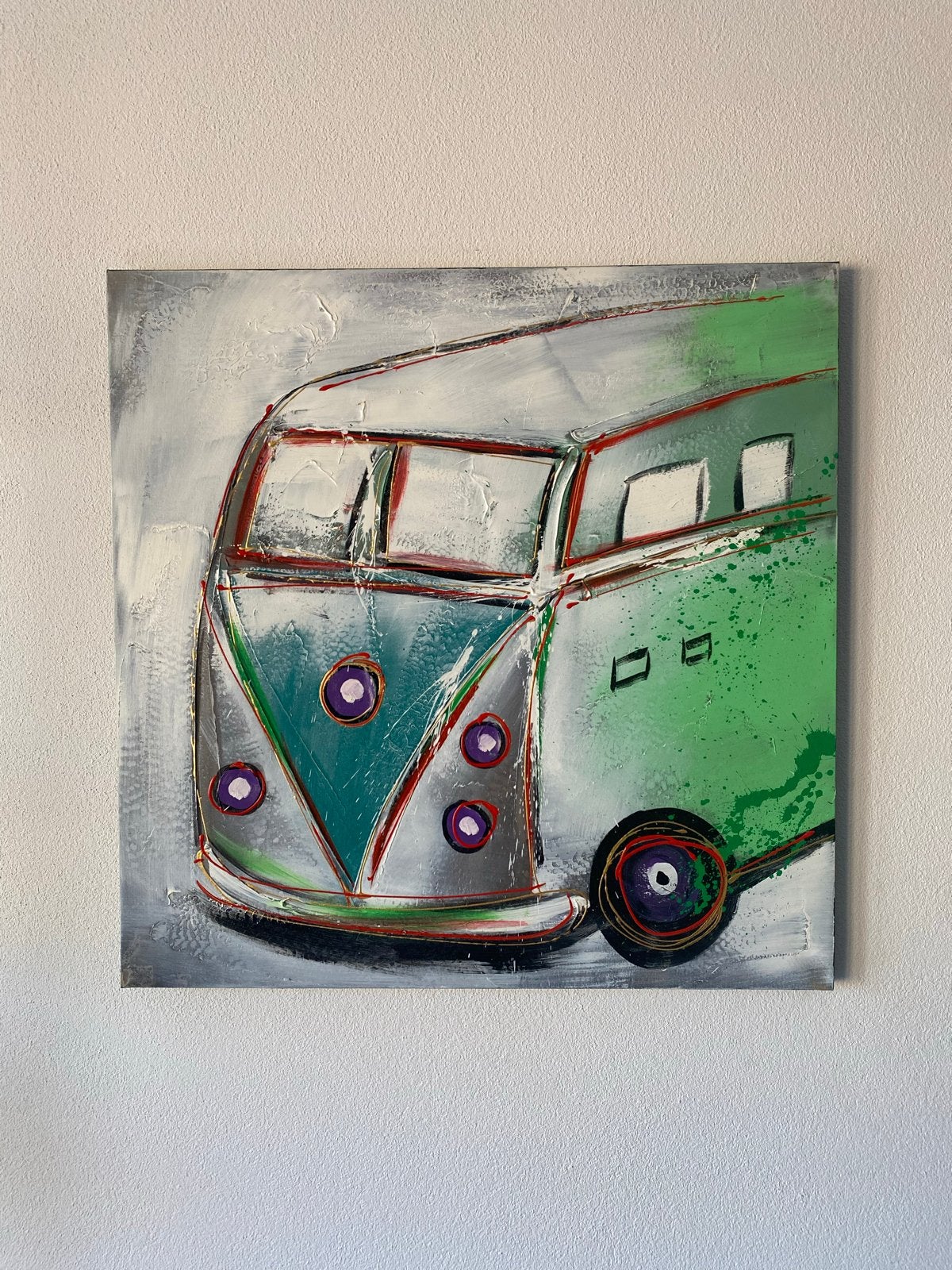 Schilderij Volkswagen bus 80x80cm, Met textuur, Olieverf, Textiel, Ophalen