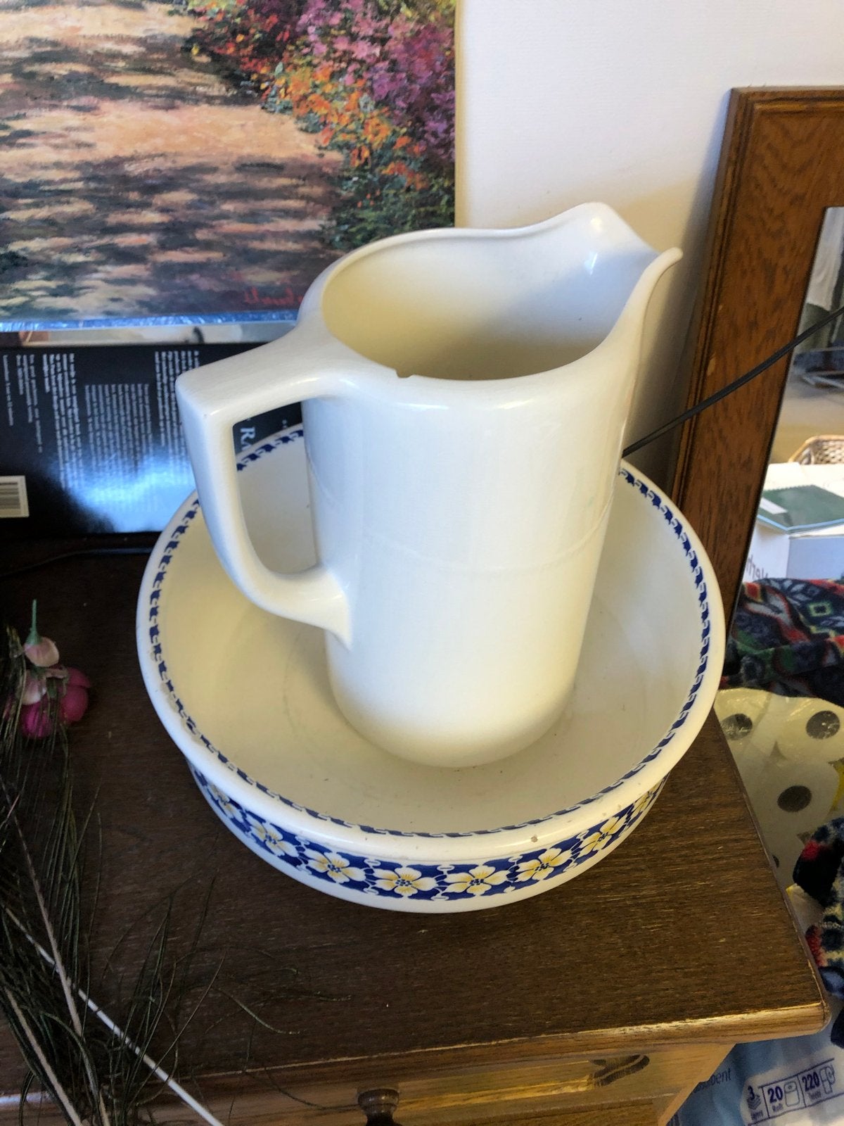 Antiek Lampetstel met zeepbakjes - Wit met blauw decor, Ophalen