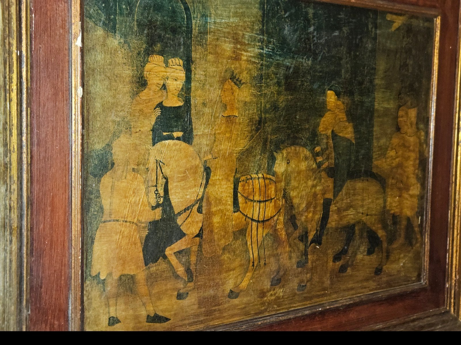 Antiek ingelegd houten paneel - Scène met figuren, Ophalen