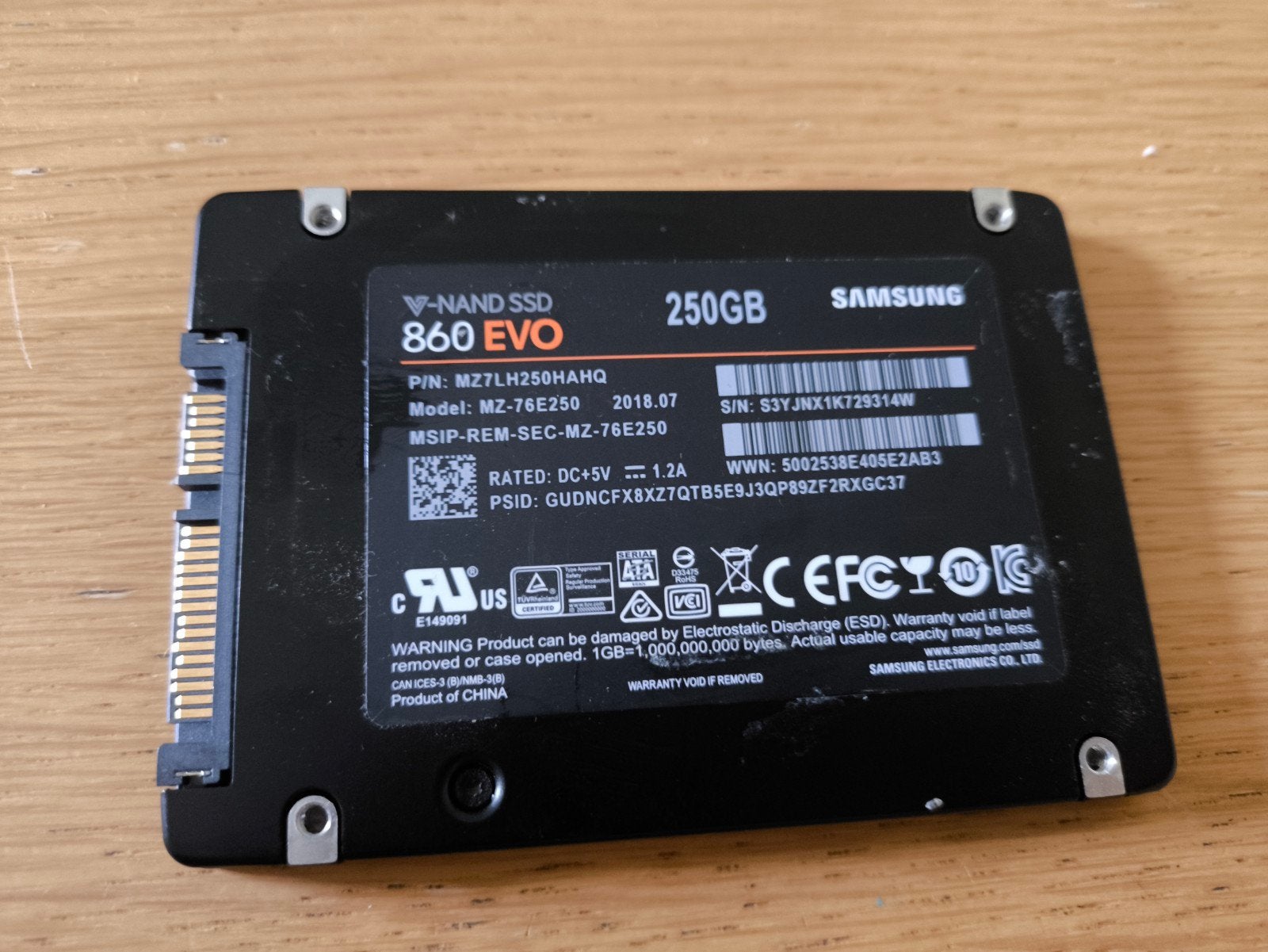 Samsung SSD 860 EVO 250GB - 96% health, Computers en Software, Harde schijven, Ophalen, Intern, Gebruikt, Samsung