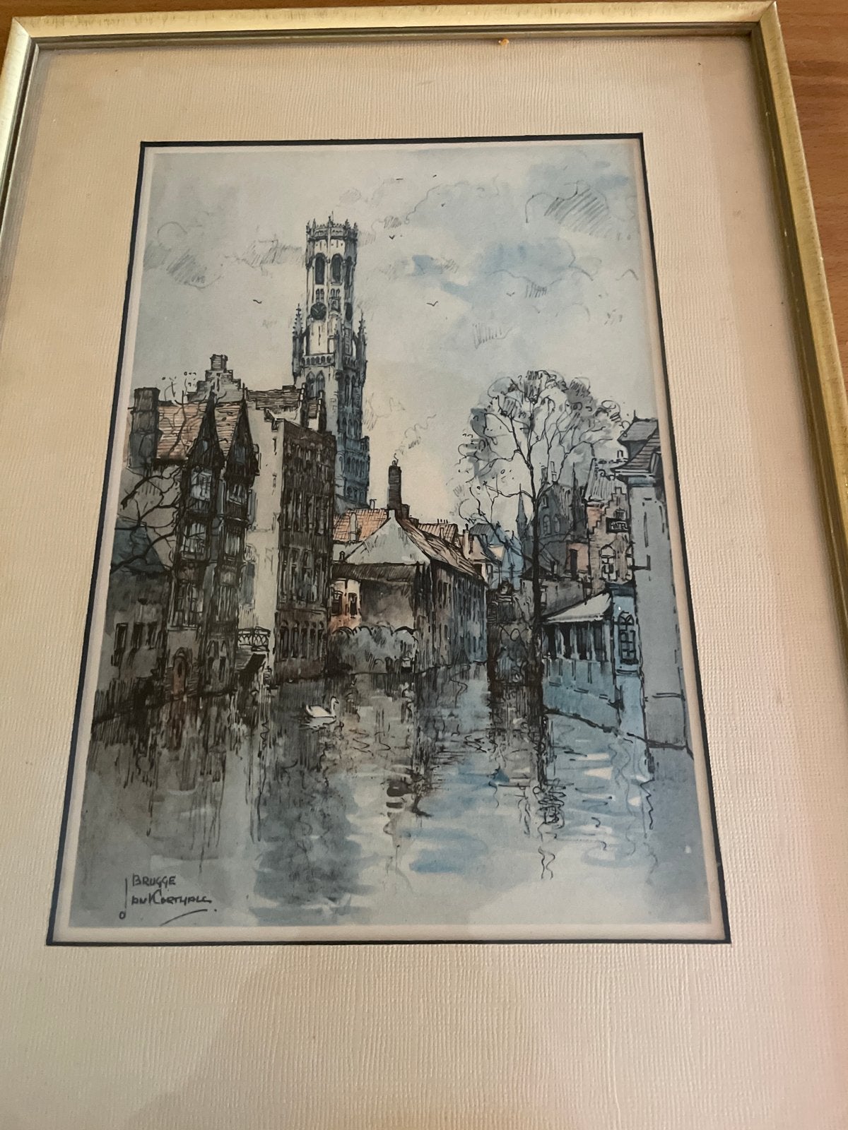 Prent Brugge door Van Korthale - Stadsgezicht, Ophalen of Verzenden, Gesigneerd, Klassiek, Aquarel