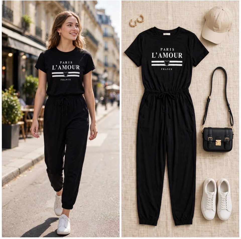 H&M Zwarte Jumpsuit Maat 164 - Paris L'Amour, Ophalen of Verzenden, Zo goed als nieuw, Meisje, Overige typen