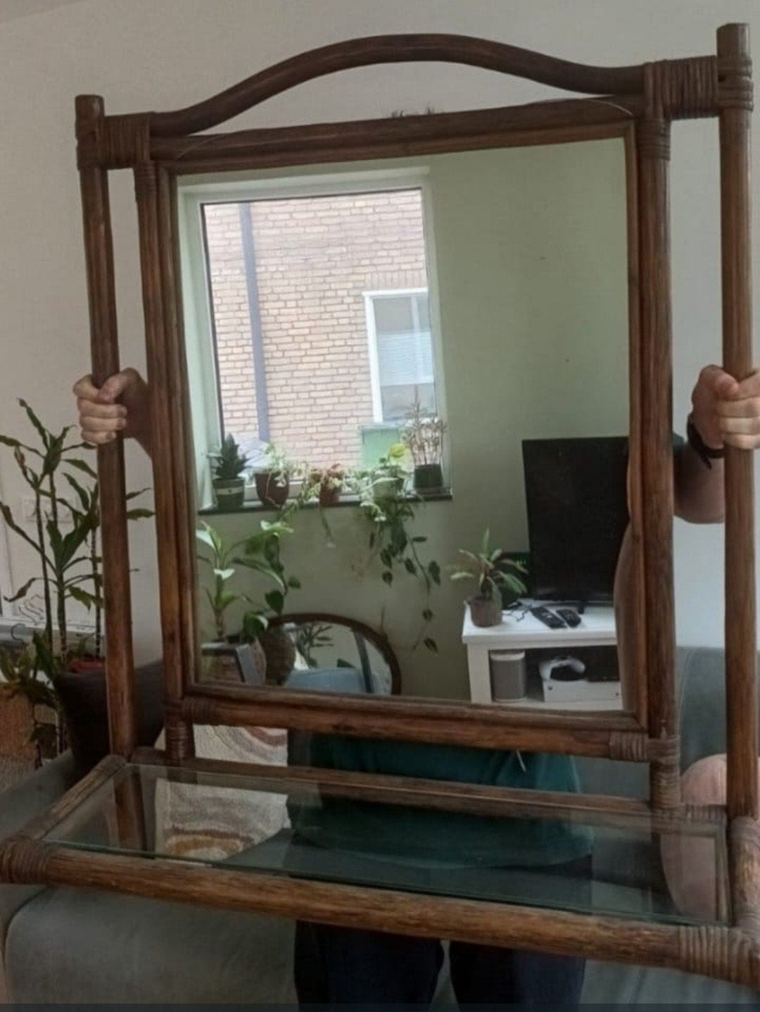 Bamboe rotan spiegel met glazen plank ideaal voor hal 115x84, Huis en Inrichting, Ophalen, 100 tot 150 cm, Zo goed als nieuw, 75 tot 100 cm
