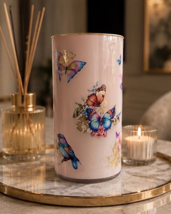 Roze vaas met vlinders en vogels - Elegant en kleurrijk, Ophalen, Met patroon/structuur, Nieuw, Glas