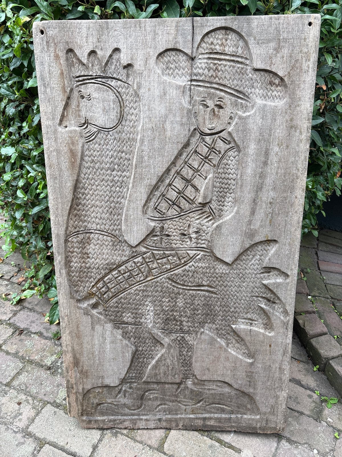 Houten Paneel - speculaasvorm: Jongen op Haan, Antiek en Kunst, Ophalen
