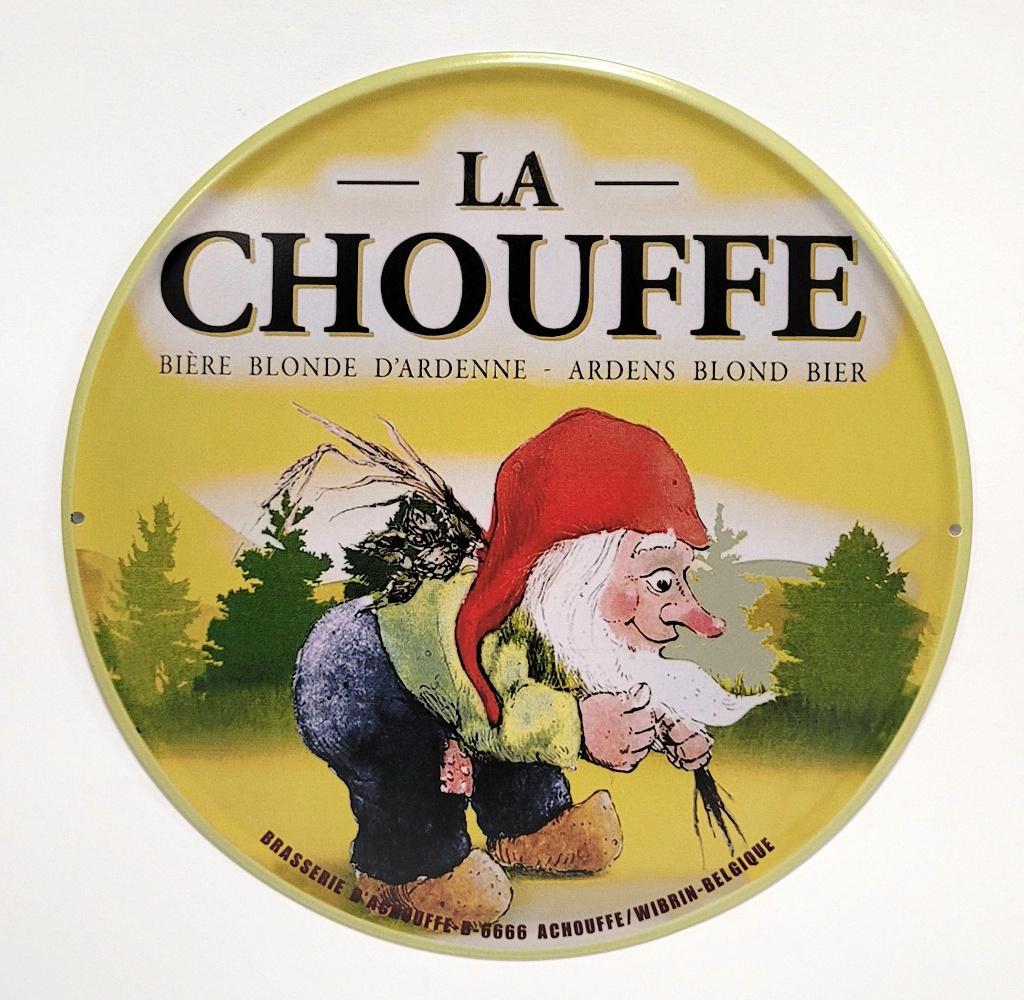 La Chouffe bier rond reclamebord van metaal wandbord deco, Ophalen of Verzenden, Nieuw, Reclamebord, Plaat of Schild, Overige merken