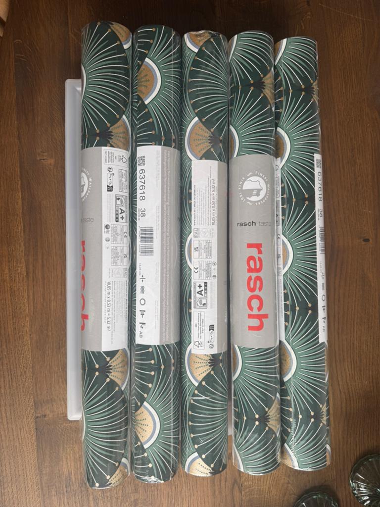 Rasch Behang Art Deco Groen Goud - 5 rollen, Ophalen, 25 tot 50 m², Groen