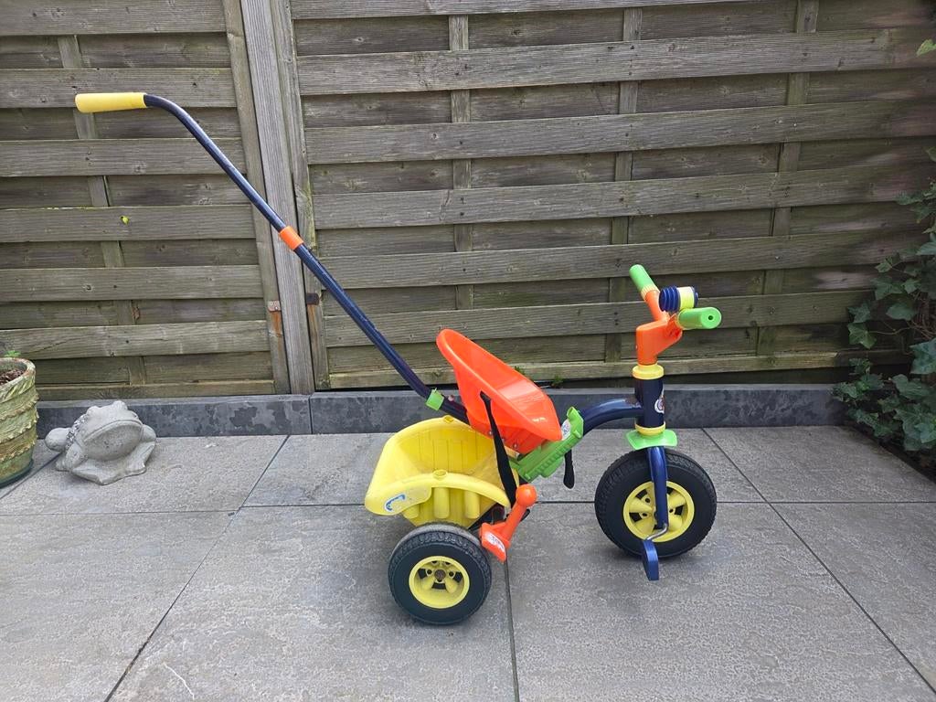 Kleurrijke driewieler met duwstang en kiepbak, Ophalen, Gebruikt