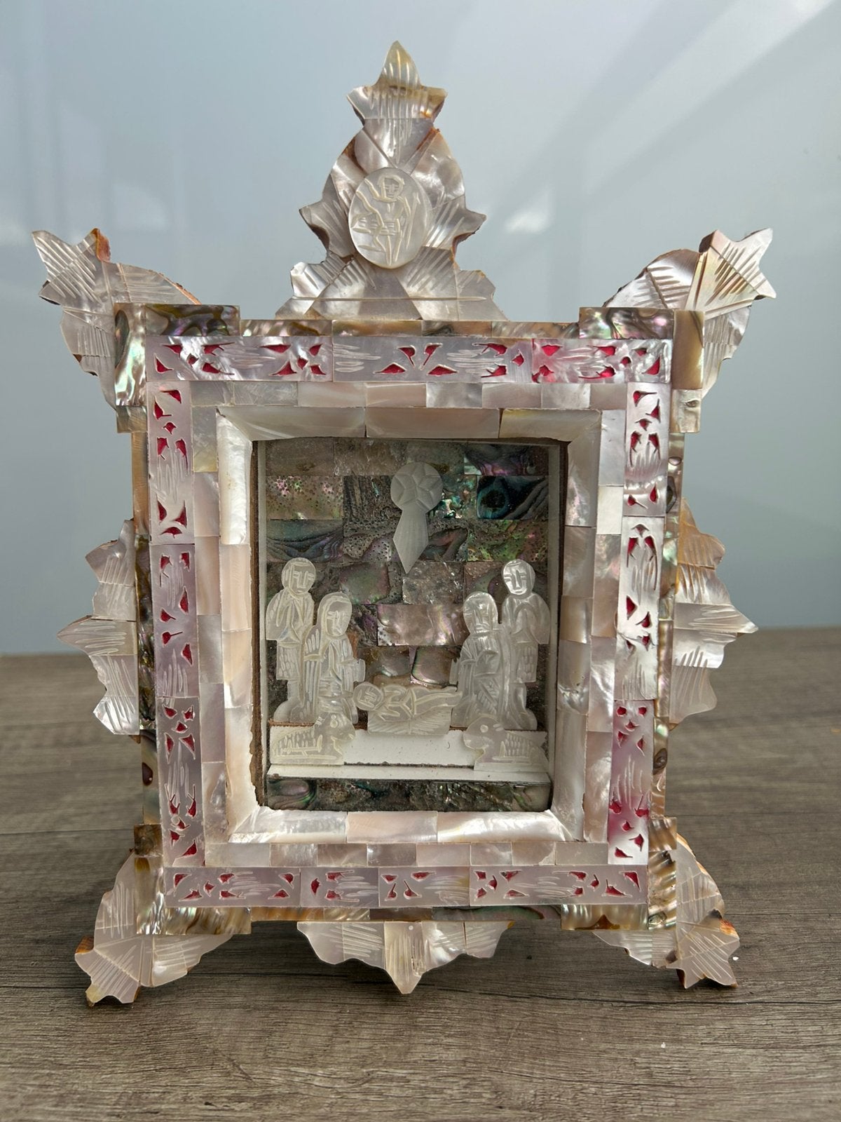 Antiek Parelmoer Diorama Nativiteit / Kerststal, Antiek en Kunst, Antiek | Religie, Ophalen of Verzenden