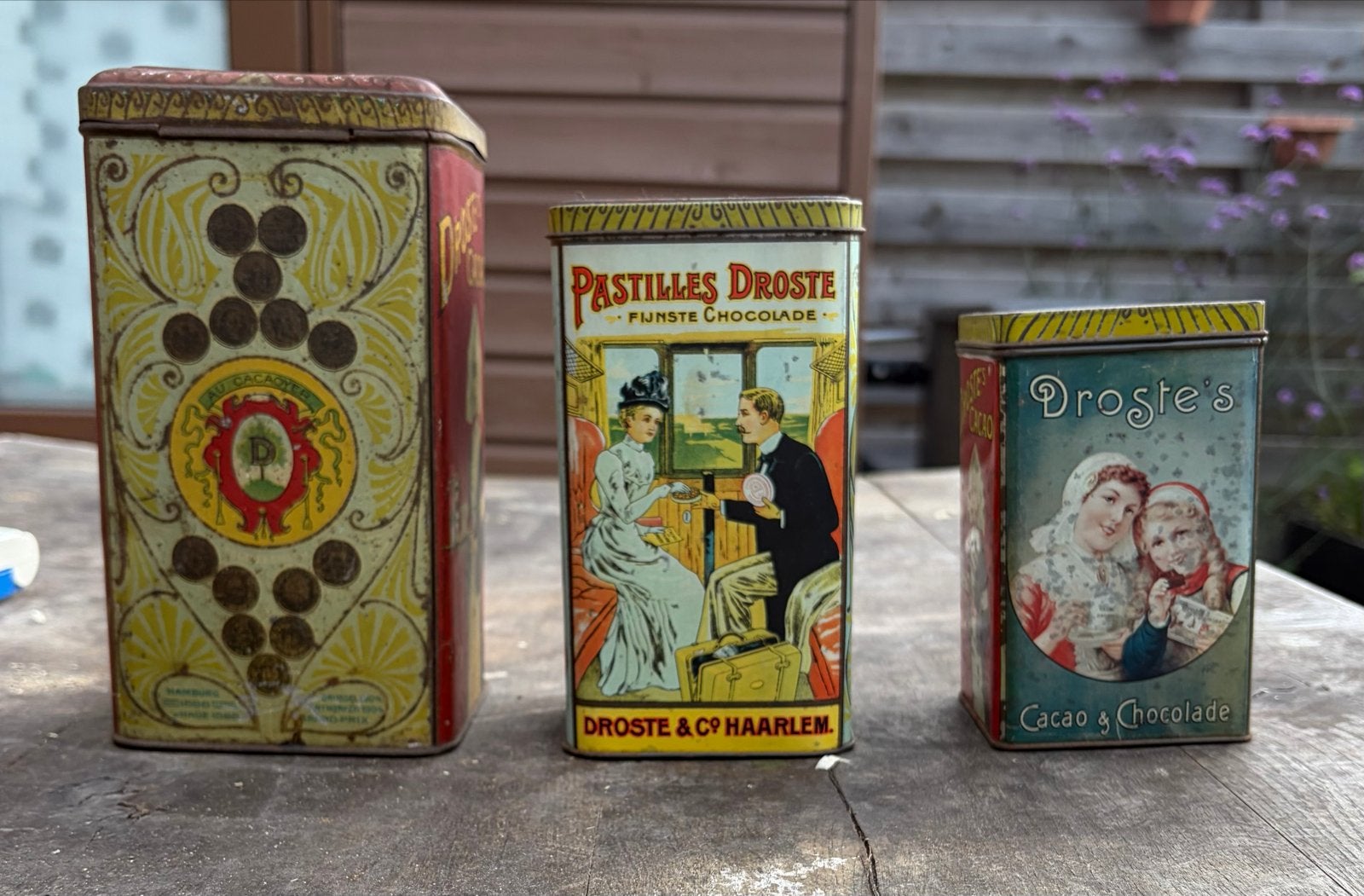 Set van 3 Antieke Droste Cacao Blikken - Diverse Maten, Verzamelen, Ophalen of Verzenden, Gebruikt, Overige, Droste