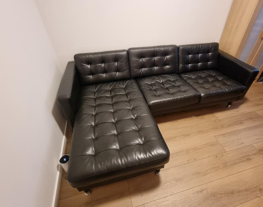 IKEA LANDSKRONA Hoekbank Zwart Leer - Zo goed als nieuw, Ophalen, 250 tot 300 cm, Modern, Scandinavisch, Hoekbank