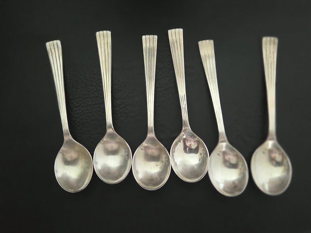 6 verzilverde lepeltjes DE empire, Ophalen of Verzenden