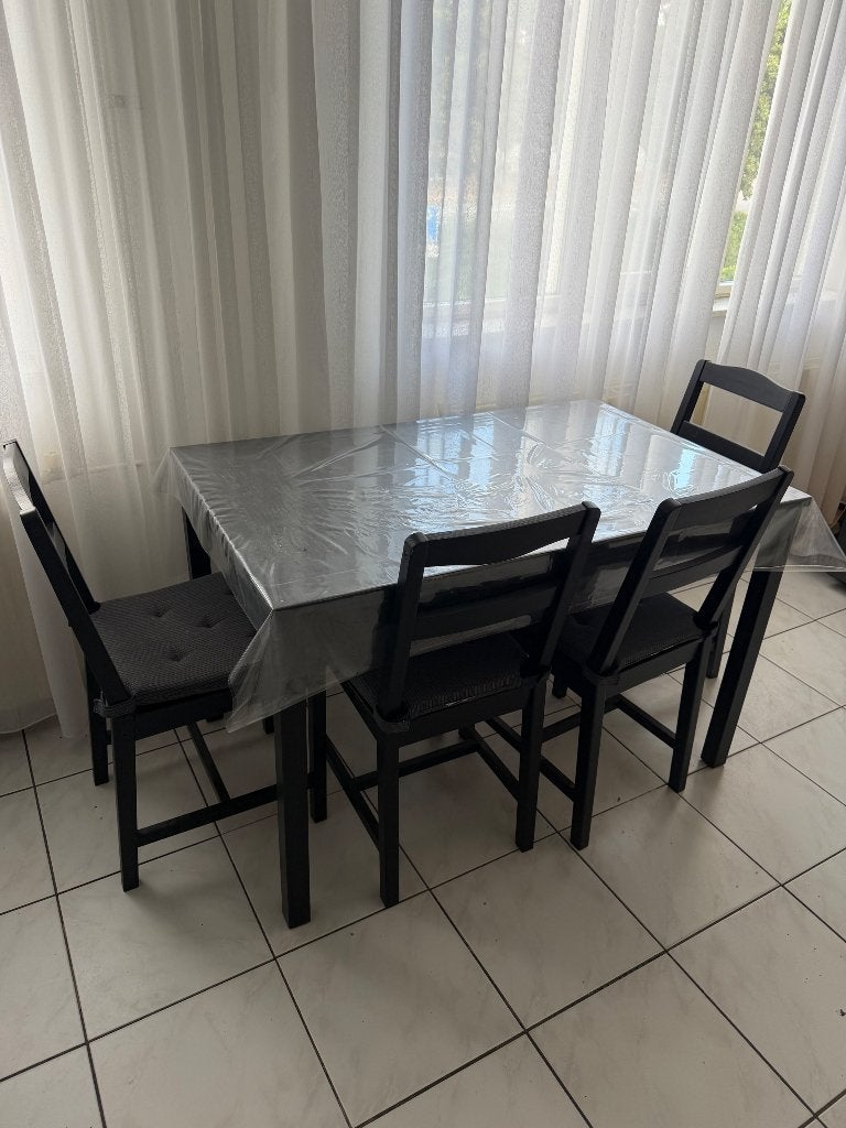 IKEA Dining Table + 4 Chairs + JUSTINA Cushions, 200 cm of meer, Zo goed als nieuw, Rechthoekig, Overige houtsoorten