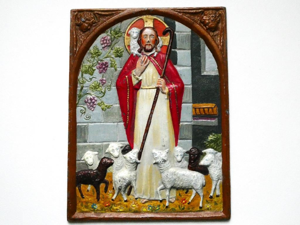 Plaquette Jezus De Goede Herder geschilderd gietijzer, Ophalen of Verzenden