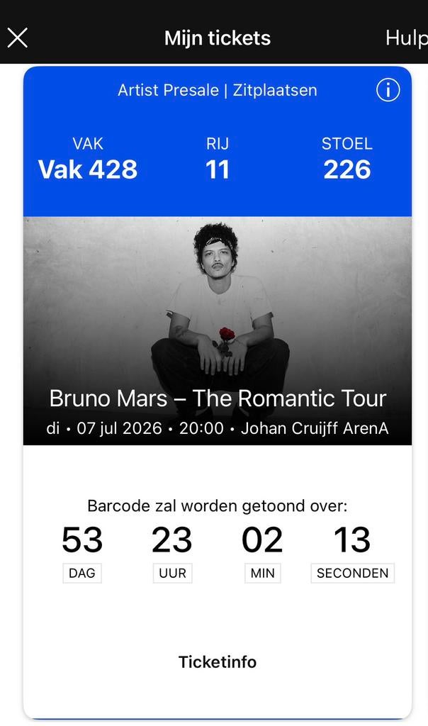 Zitplaatsen Bruno Mars Tickets 2x naast elkaar, Tickets en Kaartjes, Concerten | Pop, Twee personen, Maart