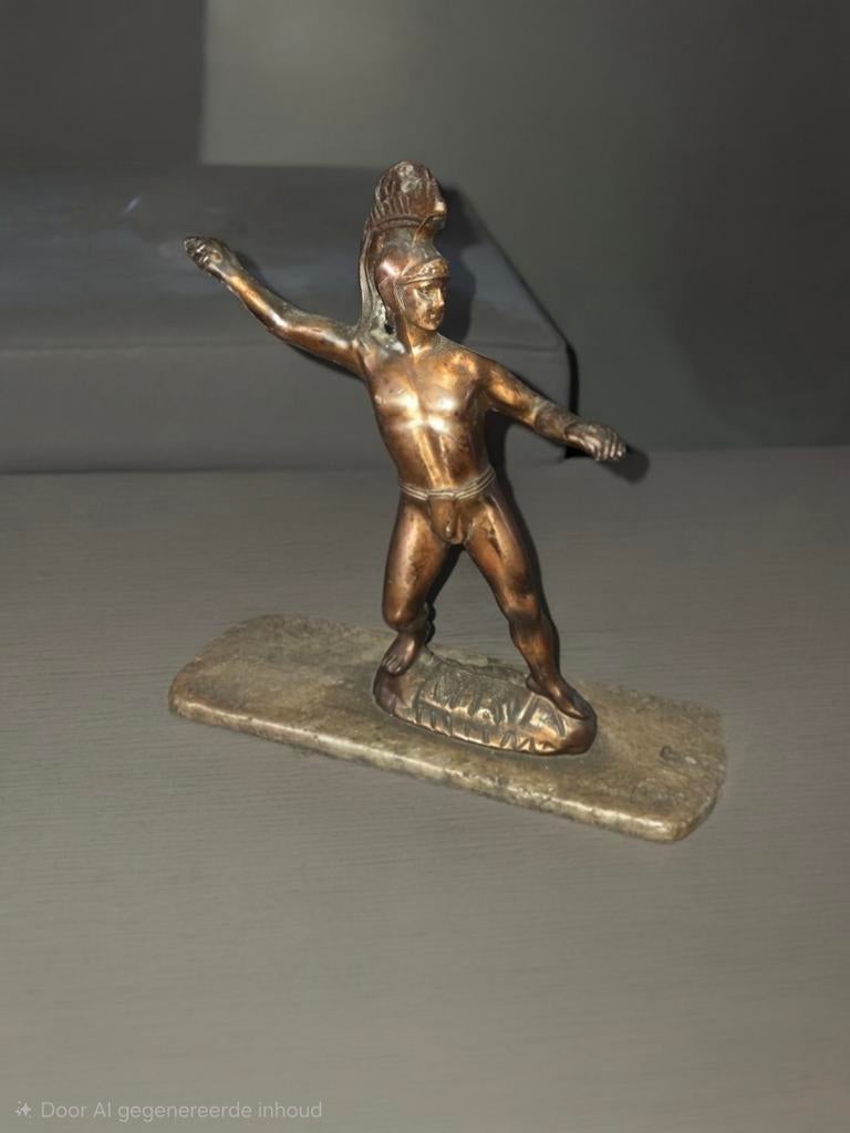 Koperen beeld van een gladiator op marmeren voet, Ophalen of Verzenden