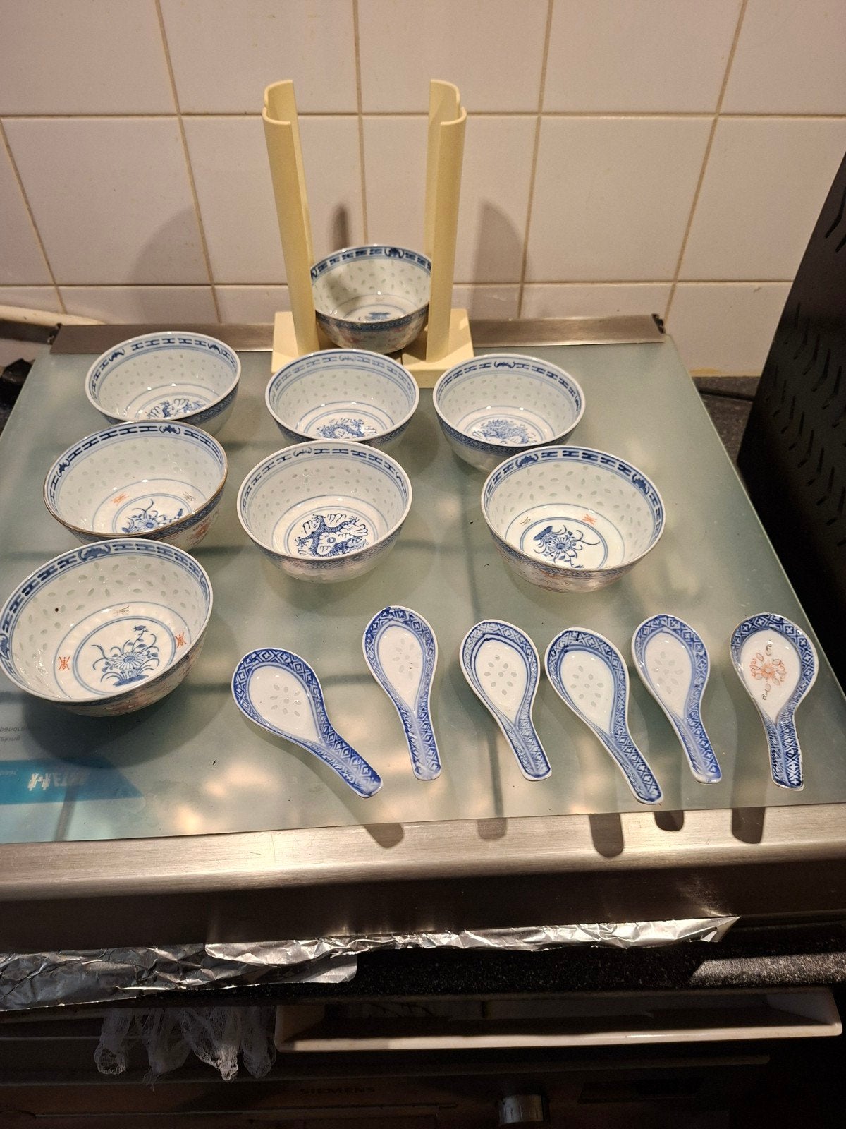 Set van 8 Chinese rijstkommen en 8 lepels, Antiek en Kunst, Ophalen of Verzenden