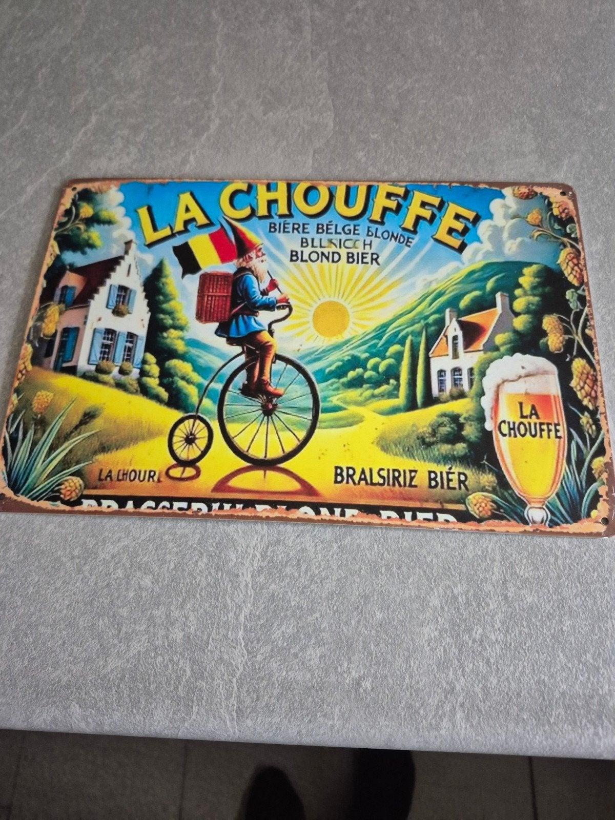 La Chouffe Reclamebord - Vintage Metalen Plaat, Ophalen of Verzenden, Zo goed als nieuw, Reclamebord