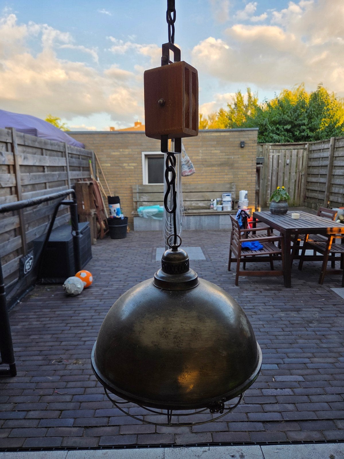 Industriële hanglamp met katrol - Vintage stijl, Ophalen, Gebruikt, E27 (groot), Industrieel, Vintage