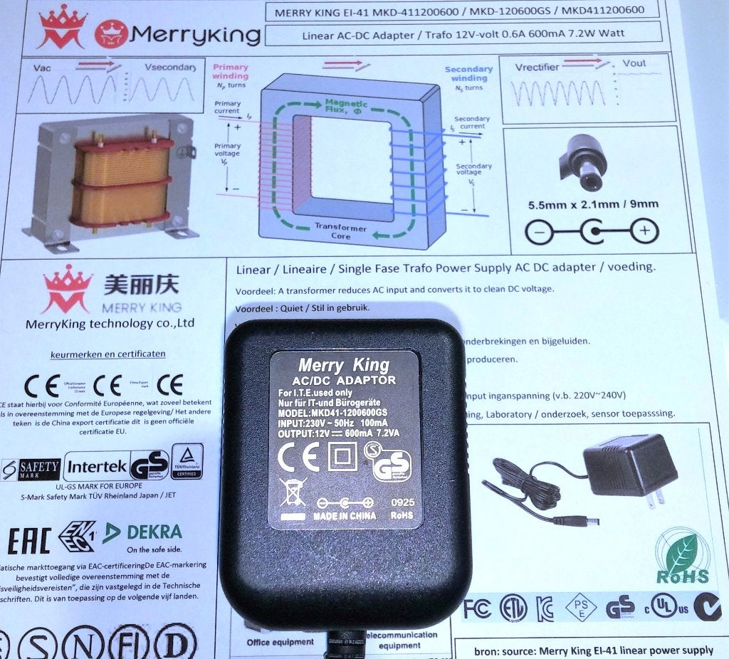 MERRY KING MKD41-1200600 12V 0.6A AC DC Adapter Oplader, Ophalen of Verzenden, Zo goed als nieuw