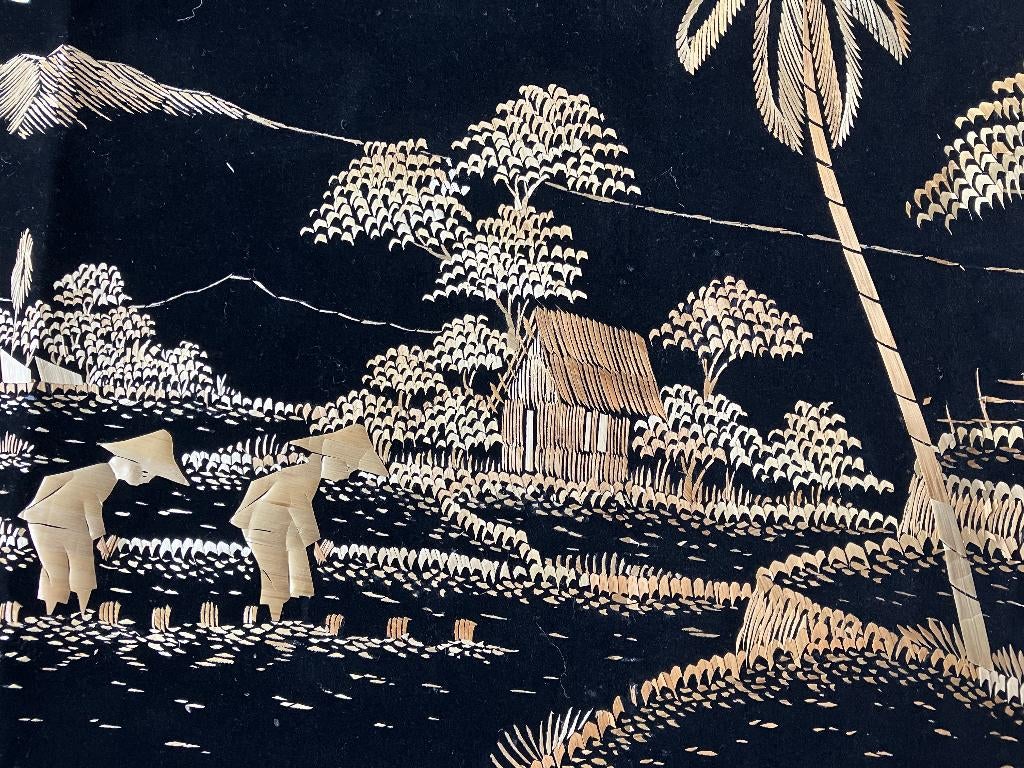 Bali afbeelding op palmblad 45x103 cm., Antiek en Kunst, Ophalen of Verzenden