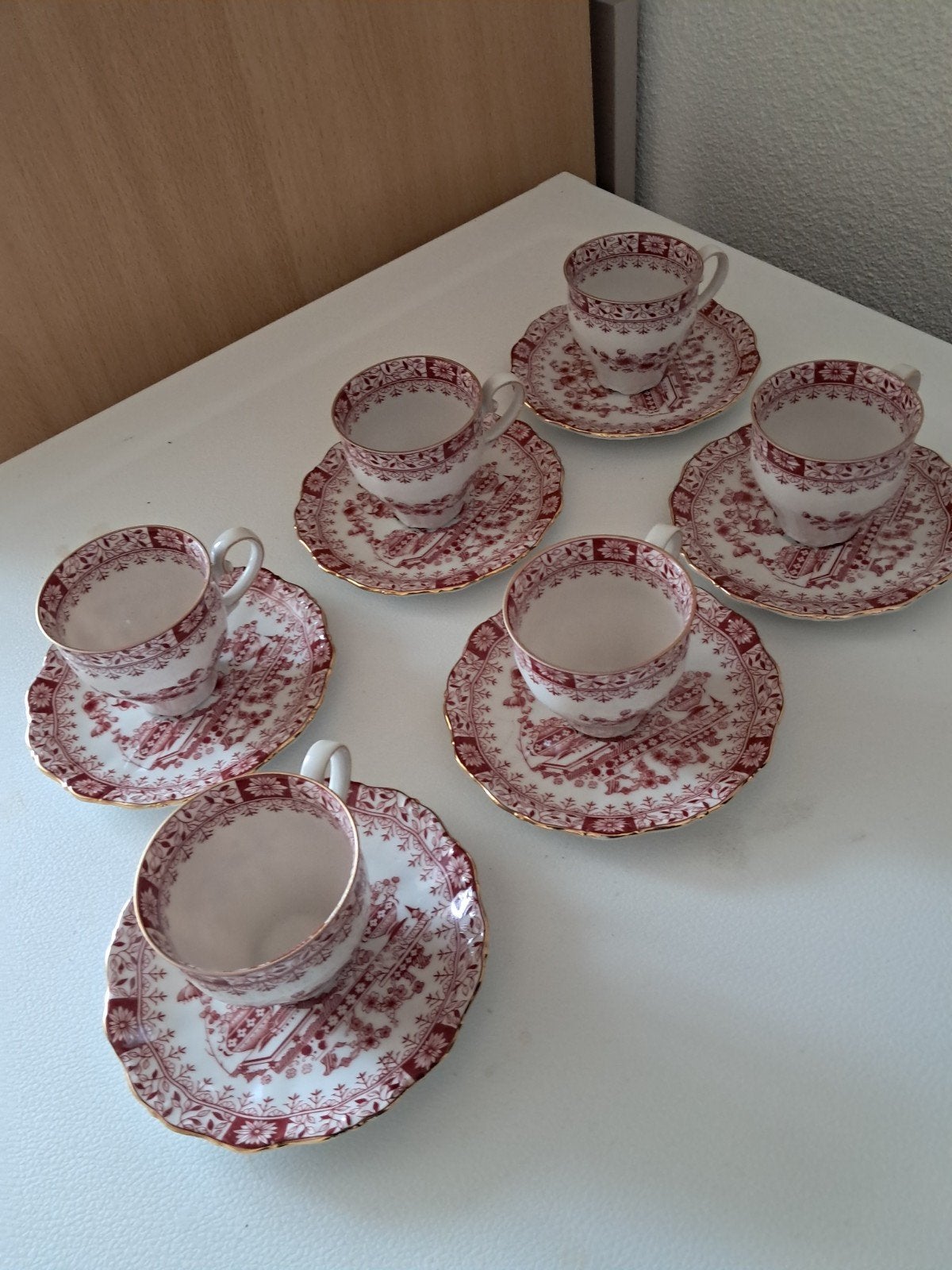6x Schumann Arzberg Bavaria kop en schotel rood wit, Ophalen