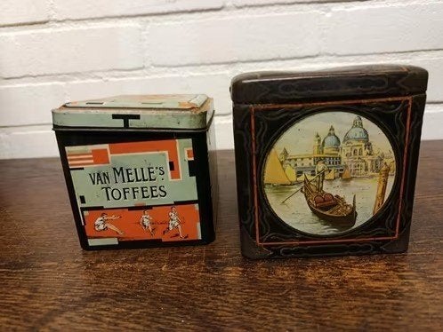 Vintage blikken: 1 Van Nelle Olympische spelen en 1 Venetië, Ophalen of Verzenden, Gebruikt, Overige, Van Nelle