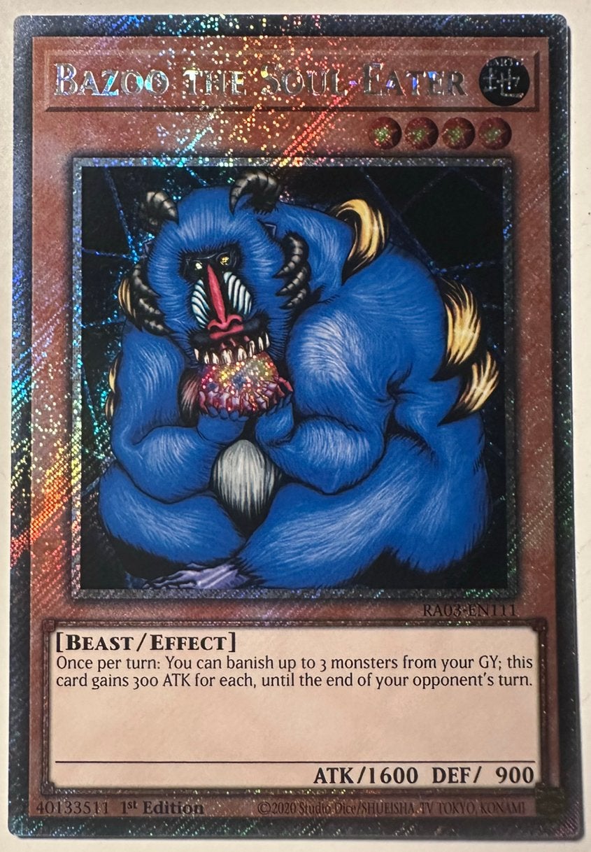 Yu-Gi-Oh! Bazoo the Soul-Eater RA03 1st Edition !, Ophalen of Verzenden, Zo goed als nieuw, Losse kaart, Foil