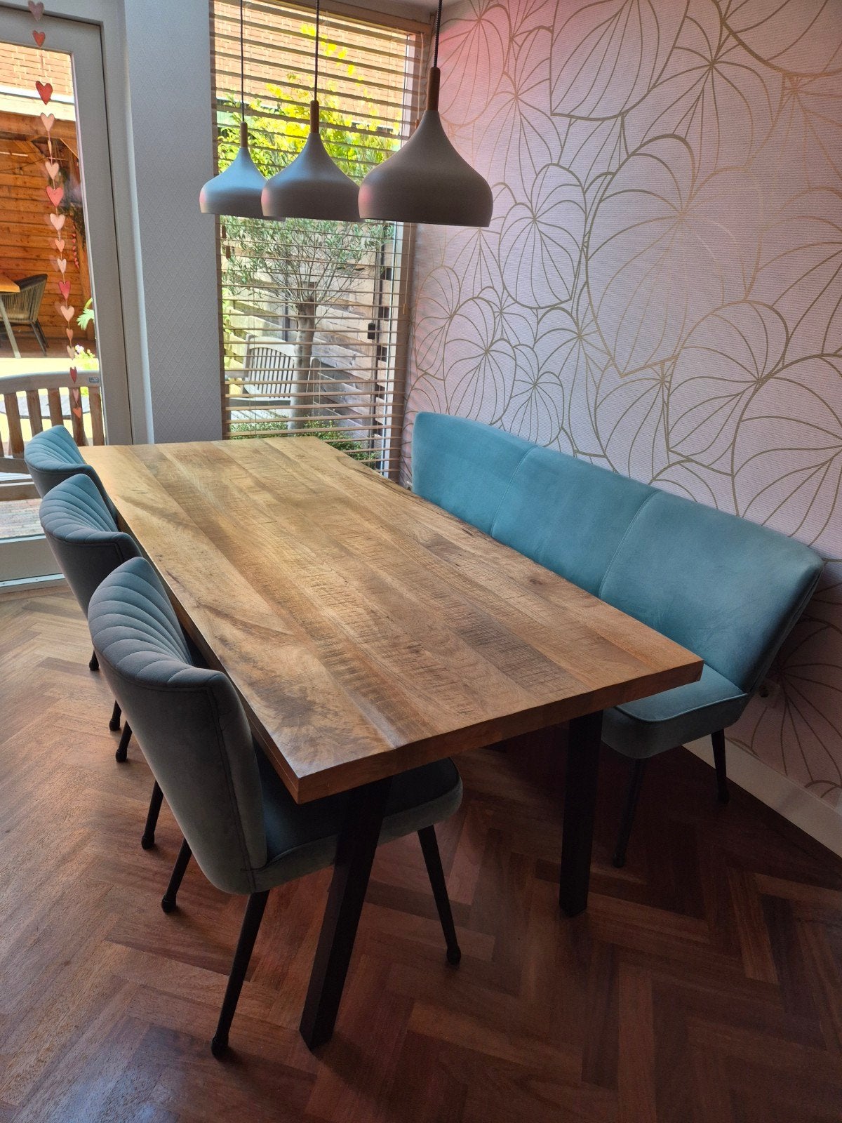 Super mooie set: 3 eetkamerstoelen + eetkamerbank!, Ophalen, Gebruikt, Stof
