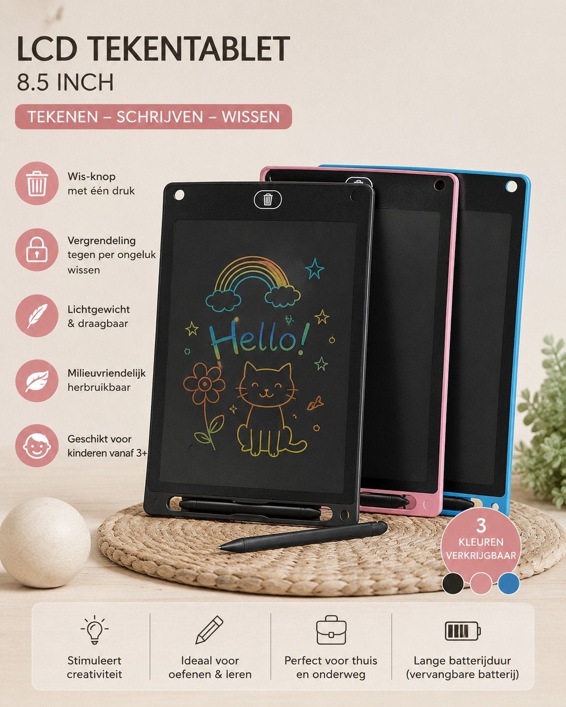 Tekentablet 8.5 inch - Roze, Zwart, Blauw - 3 voor €10, Ophalen of Verzenden
