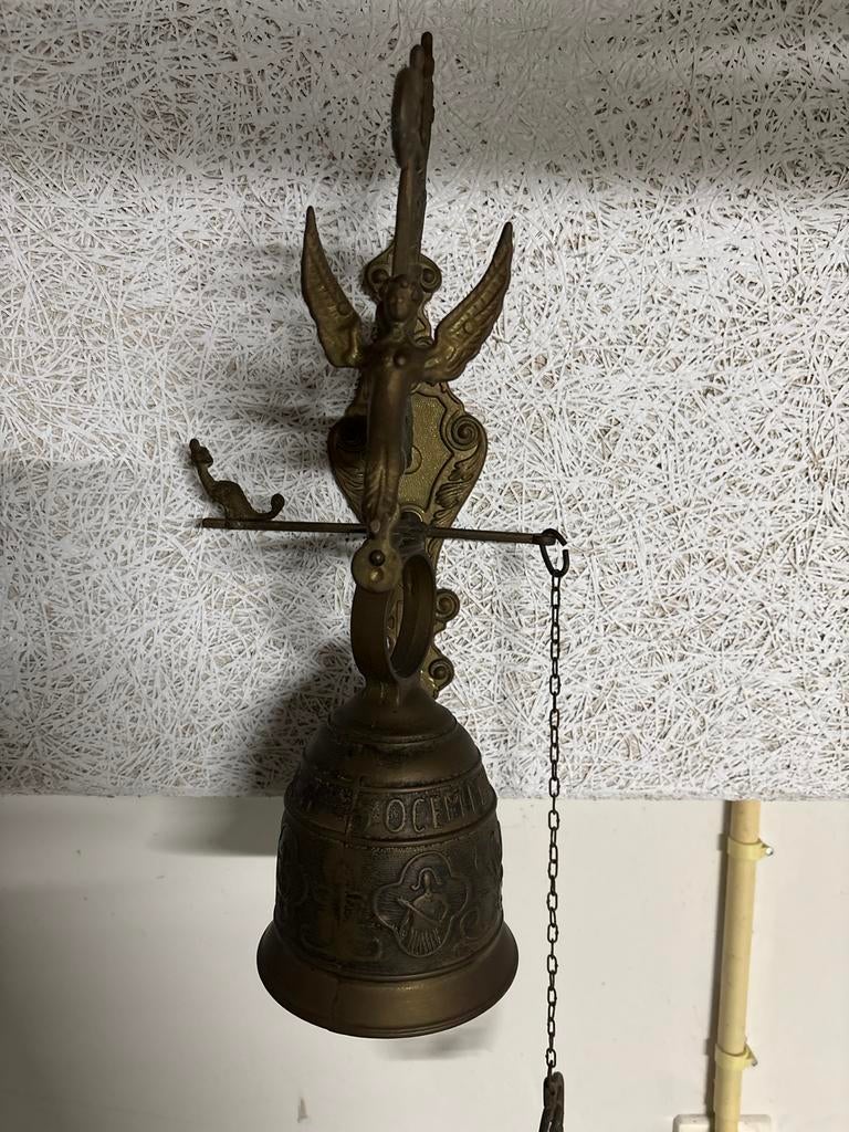 Antieke bronzen deurbel met engel en ketting, Ophalen of Verzenden