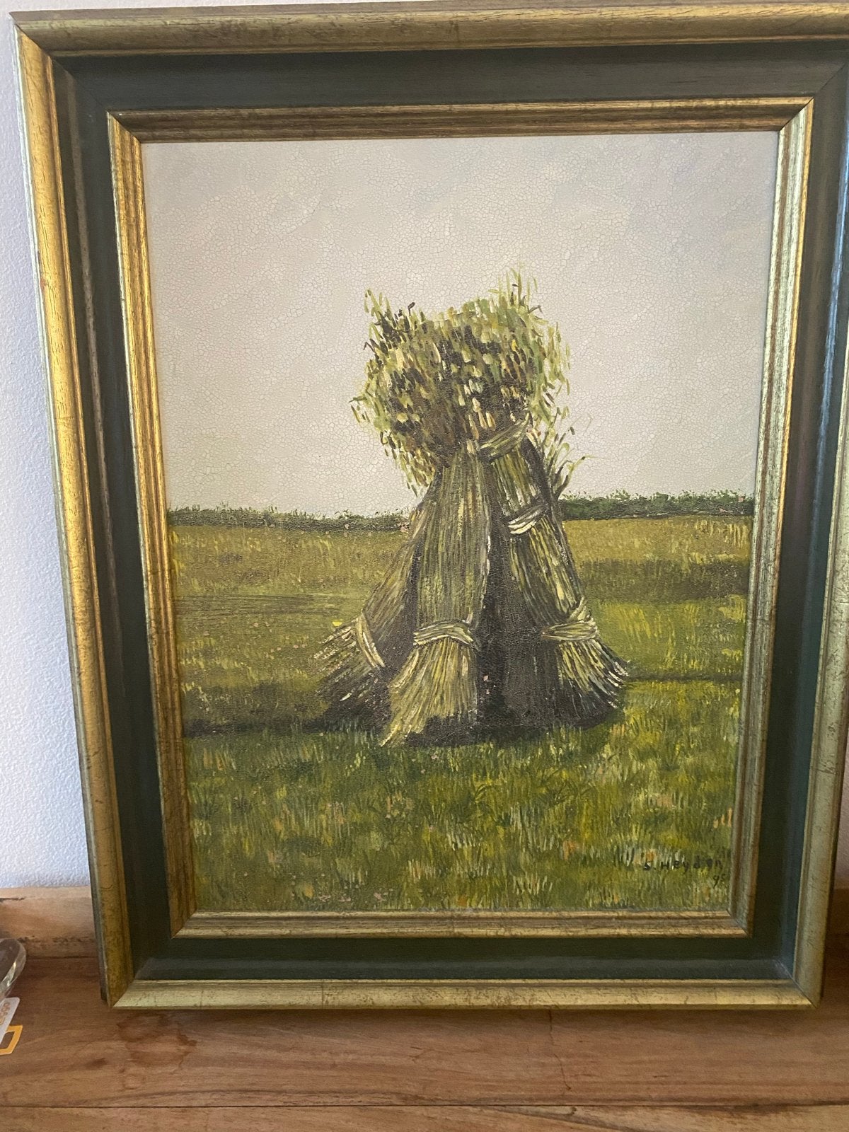 Olieverfschilderij: Korenschoven op het veld, Doek, Realistisch, Ophalen of Verzenden, Olieverf