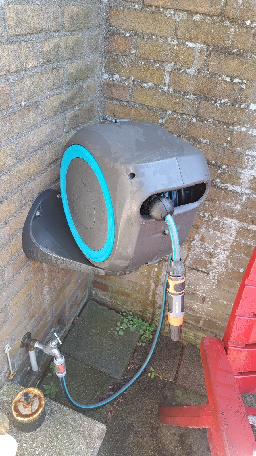 Gardena Tuinslanghaspel met slang en spuitstuk, Ophalen, Gebruikt, Tuinslanghaspel