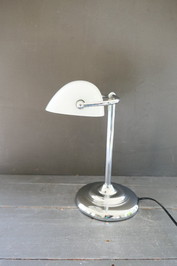 Vintage HEMA Tafellamp Notarislamp chroom wit glas, Verzenden, Zo goed als nieuw, Glas, Minder dan 50 cm